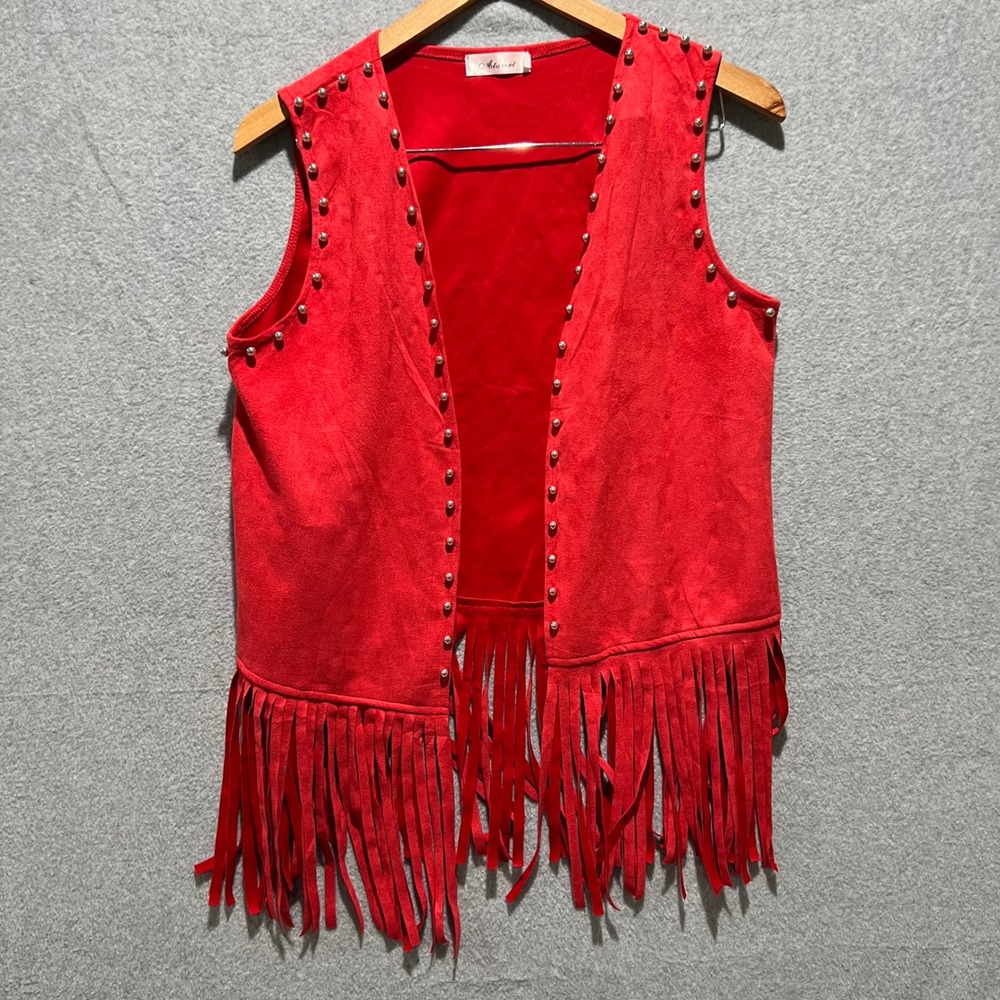 Atamet Red Faux Suede Studded Fringe Western Vest Womens Medium Boho Festival